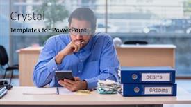  Presentation with budget - PPT theme having young-male-bookkeeper-in-budget background and a light blue colored foreground