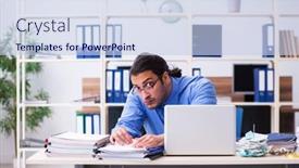  Presentation with budget - PPT theme with young-male-bookkeper-in-budget background and a sky blue colored foreground