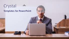  Presentation with trainer - Slide deck consisting of young-male-business-trainer background and a sky blue colored foreground