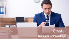  Presentation with working - Cool new PPT theme with young-male-businessman-working backdrop and a coral colored foreground