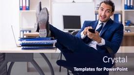  Presentation with working - Audience pleasing theme consisting of young-male-businessman-working backdrop and a navy blue colored foreground