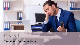  Presentation with working - Presentation theme consisting of young-male-businessman-working background and a light gray colored foreground