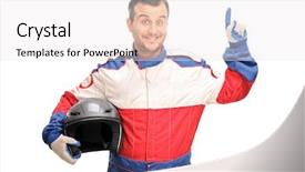  Presentation with car - Presentation featuring young male car racer holding background and a white colored foreground
