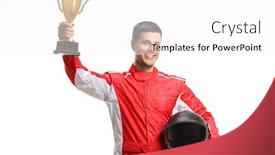  Presentation with gold trophy - Cool new PPT layouts with young-male-car-racer-standing backdrop and a white colored foreground