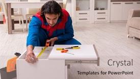  Presentation with young students working in groups - Colorful slides enhanced with young-male-carpenter-working-indoors backdrop and a mint green colored foreground