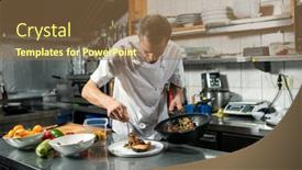  Presentation with frying - Audience pleasing presentation design consisting of young-male-chef-in-uniform backdrop and a coral colored foreground