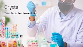  Presentation with drug synthesis - Cool new PPT theme with young-male-chemist-in-drug backdrop and a white colored foreground