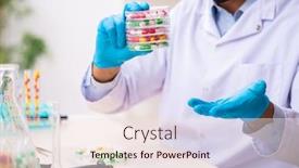  Presentation with drug synthesis - Presentation theme consisting of young-male-chemist-in-drug background and a sky blue colored foreground