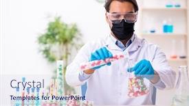  Presentation with drug synthesis - Presentation theme featuring young-male-chemist-in-drug background and a sky blue colored foreground
