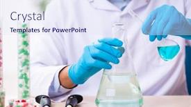  Presentation with drug synthesis - PPT theme with young-male-chemist-in-drug background and a sky blue colored foreground