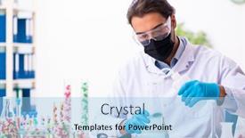  Presentation with drug synthesis - Beautiful slide deck featuring young-male-chemist-in-drug backdrop and a light blue colored foreground