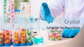  Presentation with drug synthesis - Slide deck having young-male-chemist-in-drug background and a light blue colored foreground