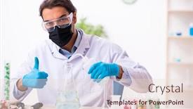  Presentation with drug synthesis - PPT theme with young-male-chemist-in-drug background and a lemonade colored foreground