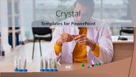  Presentation with drug synthesis - Slide deck with young-male-chemist-in-drug background and a light blue colored foreground