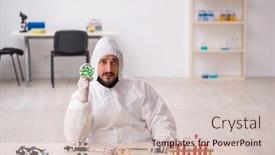  Presentation with drugs - PPT theme featuring young-male-chemist-in-drugs background and a soft green colored foreground