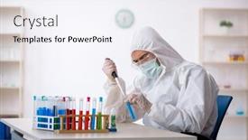  Presentation with drugs - PPT layouts with young-male-chemist-in-drugs background and a sky blue colored foreground