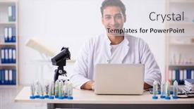  Presentation with drugs - Presentation design enhanced with young-male-chemist-in-drugs background and a sky blue colored foreground