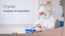  Presentation with drugs - Theme consisting of young-male-chemist-in-drugs background and a sky blue colored foreground