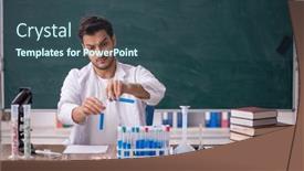  Presentation with greek column front - Slides having young-male-chemist-in-front background and a ocean colored foreground