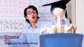  Presentation with chemist - Presentation theme featuring young-male-chemist-teacher background and a light blue colored foreground