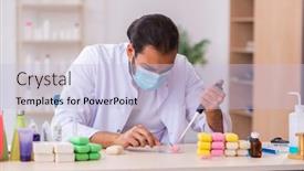  Presentation with testing - Colorful presentation theme enhanced with young-male-chemist-testing-soap backdrop and a light blue colored foreground