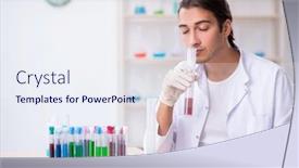  Presentation with lab analyzer - Presentation theme featuring young-male-chemist-working background and a sky blue colored foreground