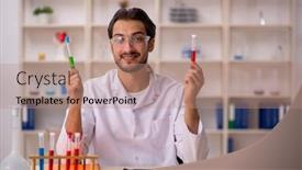  Presentation with lab - Slide deck with young-male-chemist-working background and a coral colored foreground