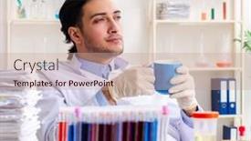  Presentation with lab - PPT theme featuring young-male-chemist-working background and a coral colored foreground