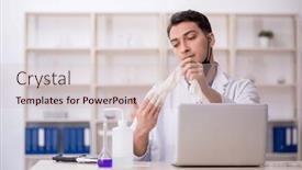  Presentation with chemist - PPT theme with young-male-chemist-working background and a soft green colored foreground