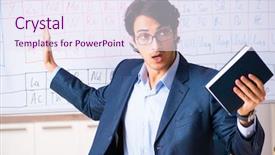  Presentation with table chemistry - Beautiful slide set featuring young male chemistry teacher backdrop and a sky blue colored foreground