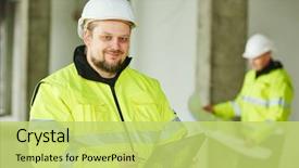  Presentation with project manager - Colorful presentation theme enhanced with young male construction engeneer worker backdrop and a yellow colored foreground