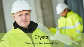  Presentation with project manager - Audience pleasing presentation theme consisting of young male construction engeneer worker backdrop and a yellow colored foreground