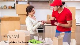  Presentation with contractor - Colorful presentation theme enhanced with young male contractor and female customer in moving concept backdrop and a lemonade colored foreground