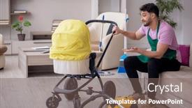  Presentation with contractor - Presentation design consisting of young-male-contractor-cleaner-looking background and a violet colored foreground