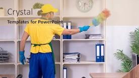  Presentation with office cleaning - Presentation design featuring static - young male contractor cleaning background and a yellow colored foreground