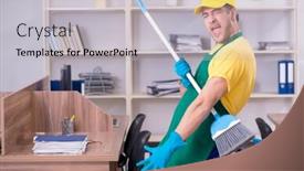  Presentation with office cleaning - Amazing slide set having young male contractor cleaning the office backdrop and a light gray colored foreground