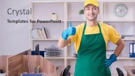  Presentation with office cleaning - Presentation having young male contractor cleaning the office background and a light gray colored foreground