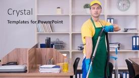  Presentation with office cleaning - Presentation theme featuring young male contractor cleaning the office background and a light gray colored foreground