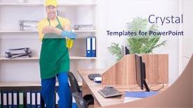  Presentation with office cleaning - Slides with young-male-contractor-cleaning background and a sky blue colored foreground