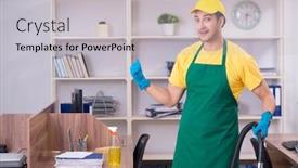  Presentation with office cleaning - Slides having young-male-contractor-cleaning background and a light gray colored foreground