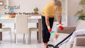  Presentation with contractor - PPT theme featuring young-male-contractor-cleaning background and a coral colored foreground