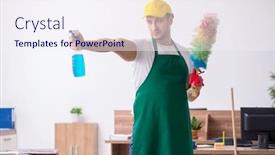  Presentation with office cleaning - Colorful PPT layouts enhanced with young-male-contractor-cleaning backdrop and a sky blue colored foreground