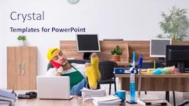  Presentation with office cleaning - Colorful slide deck enhanced with young-male-contractor-cleaning backdrop and a sky blue colored foreground