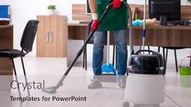  Presentation with office cleaning - Theme having young-male-contractor-cleaning background and a light gray colored foreground