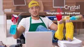  Presentation with office cleaning - PPT theme consisting of young-male-contractor-cleaning background and a violet colored foreground