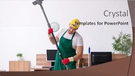  Presentation with office cleaning - Colorful slide set enhanced with young-male-contractor-cleaning backdrop and a white colored foreground