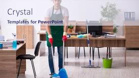  Presentation with office cleaning - Audience pleasing theme consisting of young-male-contractor-cleaning backdrop and a sky blue colored foreground