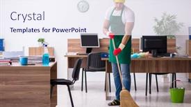  Presentation with office cleaning - Colorful PPT layouts enhanced with young-male-contractor-cleaning backdrop and a sky blue colored foreground