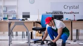  Presentation with office cleaning - Audience pleasing PPT theme consisting of young-male-contractor-cleaning backdrop and a light blue colored foreground