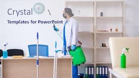  Presentation with contractor - Cool new PPT theme with young-male-contractor-disinfecting-clinic backdrop and a sky blue colored foreground